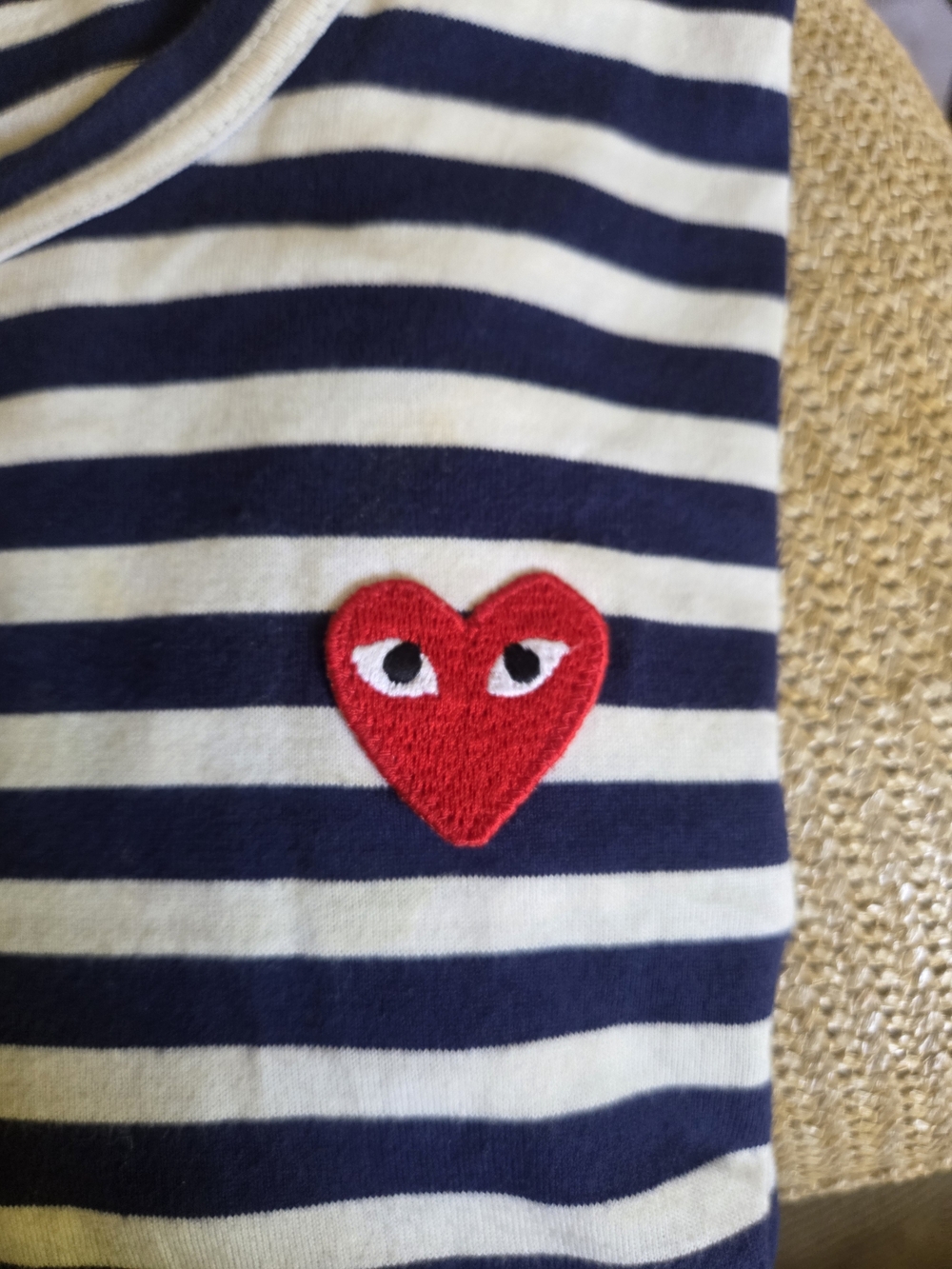 Comme des Garçons Navy & White Striped Tee with Red Heart Patch